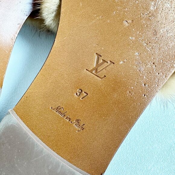 LOUIS VUITTON Lock It Mink Fur Brown Slide Sandal 37 US 7 Mules Logo Flat Mule - Picture 14 of 14